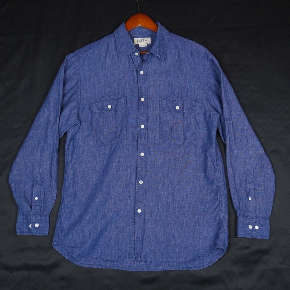 J Crew Linen Button Down Shirt Mens M Blue Long Sleeve Utility Pocket 100% Linen
